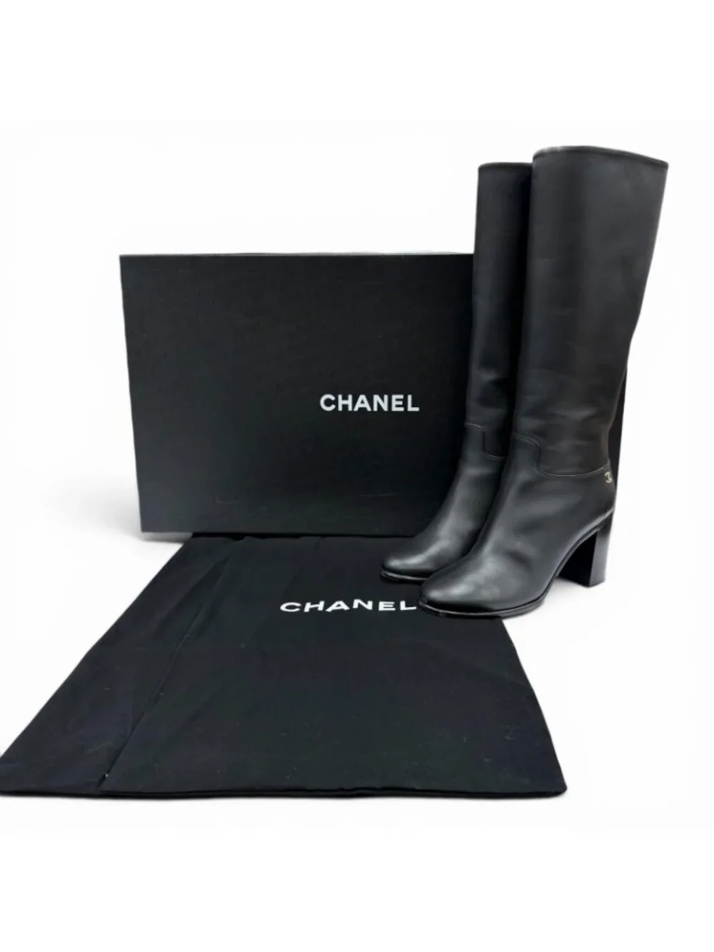 Chanel CC Logo Leather Long Boots Black Gold